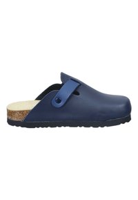 Zoccoli blu navy con tomaia in sintetico liscio, intersuola in sughero e suola in gomma nera. Presenta una fibbia decorativa.