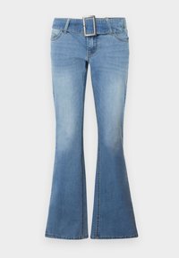 Light blue flared jeans made of denim with a wide belt loop and a large, square silver buckle. Faded texture near the hem enhances design.