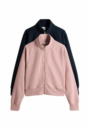 Two zip-up sweatshirts: one in soft pink, the other in dark navy. Both feature a high collar, ribbed cuffs, and a sporty design.