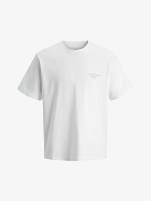 White short-sleeve T-shirt with small light blue text reading "MIDTOWN Memento" on the left chest area, plain background.