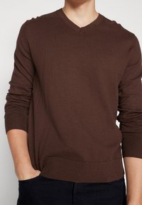 Pull col en V marron en tissu côtelé avec manches longues, doté d'une taille et de poignets ajustés. Design simple et épuré sans motifs.