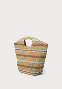 Woven straw tote bag with vibrant horizontal stripes in orange, green, and white. Features open top and dual handles for easy carrying.