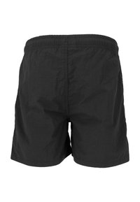 Sorte shorts lavet af letvægtsmateriale med elastisk taljebånd. Har en ren, glat tekstur og enkelt design.