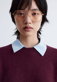 Bordeauxfarbener Pullover mit einem hellblauen Hemd darunter. Rundform, strukturiertes Material und große, getönte Brille mit einem metallischen Rahmen.