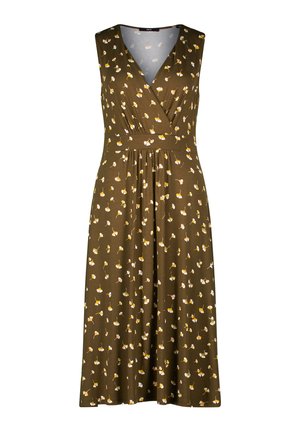 Brown sleeveless dress with a v-neck and a wrap design, featuring a floral print in yellow and white. Soft fabric, gathered waistline.