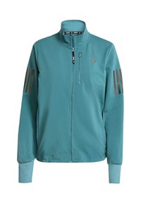 Teal athletic jacket with a high collar, front zip, and brown three-stripe accents on sleeves. Smooth texture, suitable for outdoor activity.