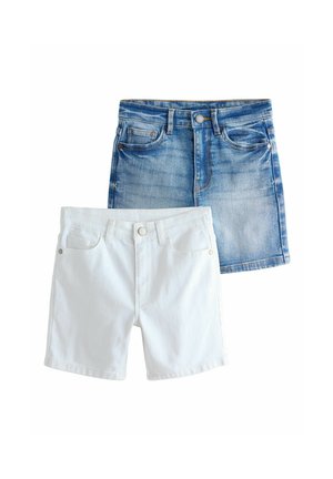 Two pairs of shorts: one light blue denim with pockets and a button, the other plain white cotton with front pockets and a clean finish.