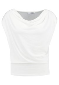 Top blanco de manga corta con escote drapeado y cintura ajustada. Hecho de una tela suave y elástica con una textura suave.