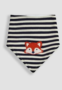 Bavaglino in cotone a bende navy e avorio, con una faccia di volpe ricamata in arancione e bianco sulla parte anteriore.