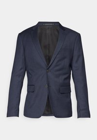 Námornícky modrý blejzer z tkaného materiálu, s vystrihom do špicu, dvoma prednými vreckami a zapínaním na dva gombíky. Podšívka z čierneho materiálu.