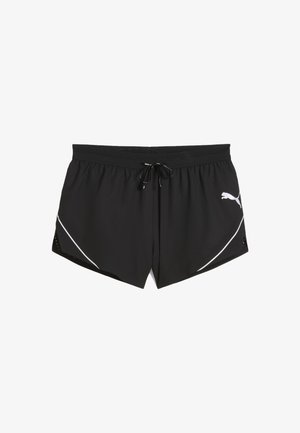 Mustat urheilushortsit, joissa on naru vyötäröllä, valkoiset sivuakorit ja verkkomateriaali hengittävyyden takaamiseksi. Puma-logo vasemmalla puolella.