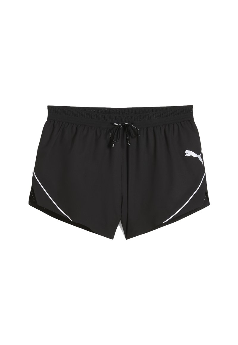 Schwarze Sportshorts mit einem Kordelzugbund, weißen seitlichen Akzenten und Mesh-Details für Atmungsaktivität. Puma-Logo auf der linken Seite.