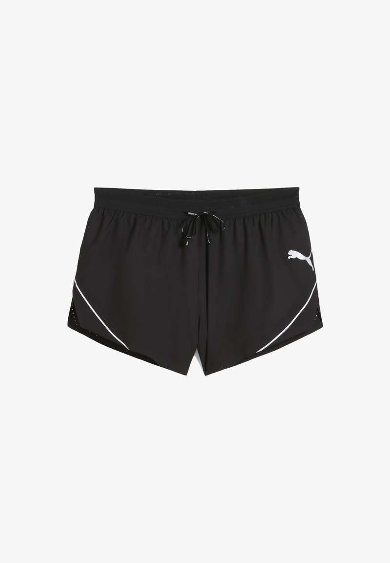 Shorts deportivos negros con cintura elástica ajustable, acentos laterales blancos y detalles de malla para mayor transpirabilidad. Logo de Puma en el lado izquierdo.