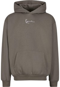 Felpa grigia con tasca a marsupio, cappuccio con cordino e logo bianco stampato sul petto. Realizzata in tessuto morbido e testurizzato.