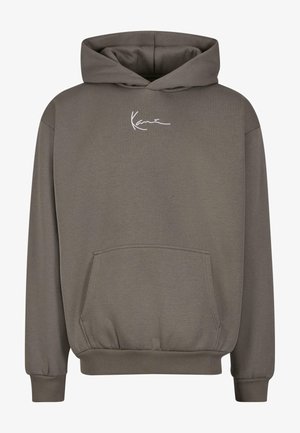 Grijze hoodie met een buidelzak, een capuchon met trekkoord en een wit logo op de borst gedrukt. Gemaakt van zachte, gestructureerde stof.