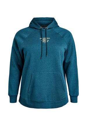 Felpa con cappuccio blu smeraldo con tasca frontale e coulisse, con piccolo testo "UNSTOPPABLE MODERN POWER IN MOTION" sul petto.