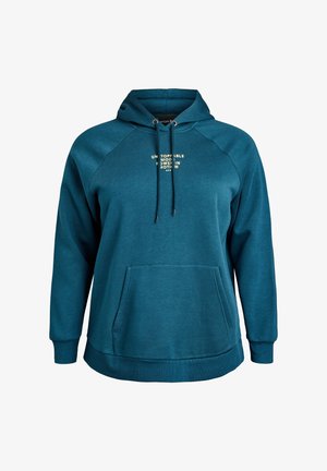 Bluza z kapturem w kolorze morskim, z kieszenią z przodu i sznurkami, z niewielkim napisem "UNSTOPPABLE MODERN POWER IN MOTION" na klatce piersiowej.