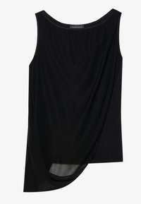 Black sleeveless top with a draped front, made from soft fabric. Features a round neckline and a curved hemline, creating a relaxed silhouette.