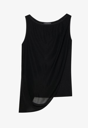 Top negru fără mâneci, cu un front drapat, fabricat dintr-un material moale. Prezintă un decolteu rotund și o linie a hemului curbată, creând o siluetă relaxată.