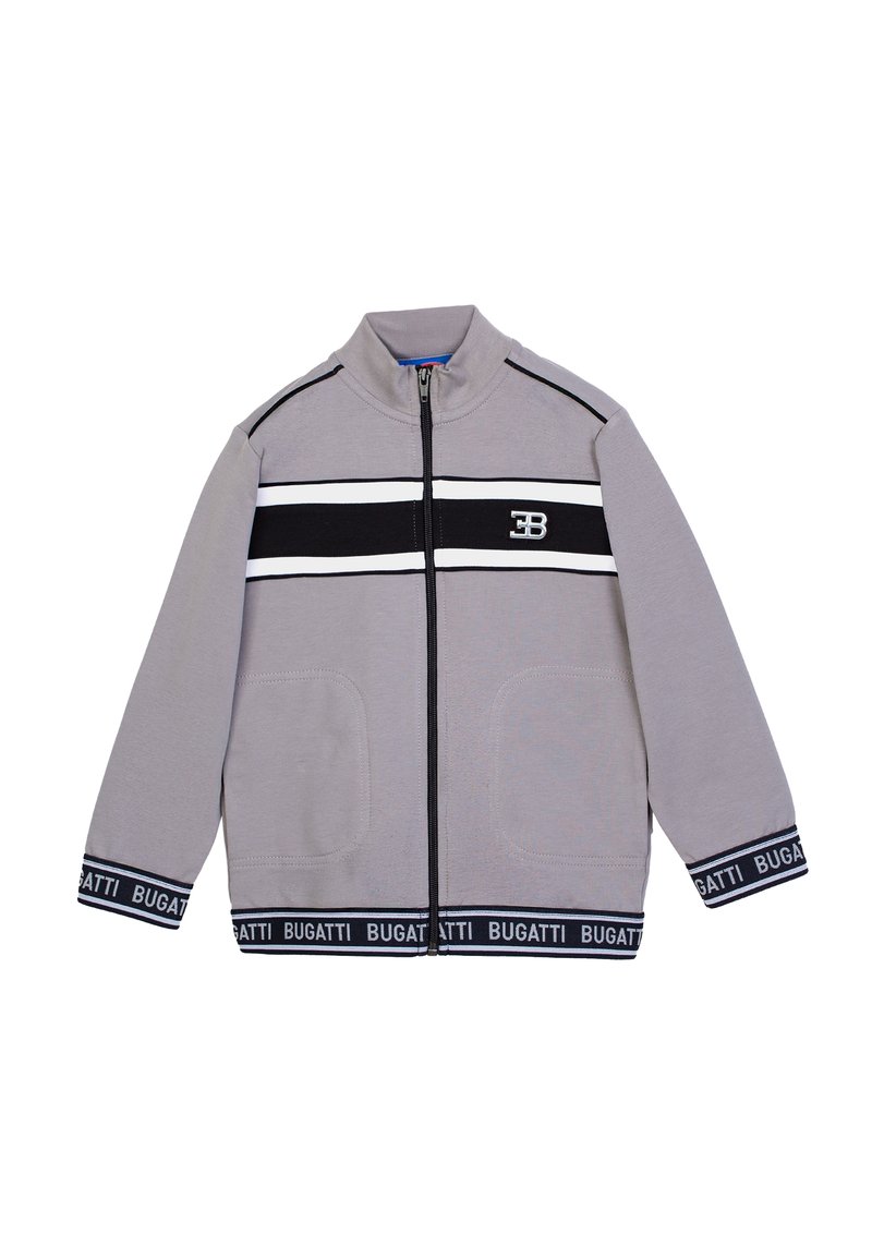 Giacca zip-up grigia con strisce orizzontali bianche e nere, due tasche frontali e maniche brandizzate con il logo "BUGATTI".