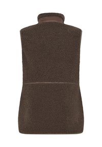 Donkerbruine, mouwloze fleecesbodywarmer met een hoge kraag, zichtbare naad over de onderrug en een textuur in de zachte stof.