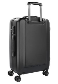 Valigia a mano rigida, nera, con finitura texture, manico retrattile e quattro ruote girevoli per una facile manovrabilità.