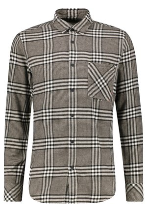 Langærmet skjorte med knapper i brunt, sort og hvidt ternet mønster og en brystlomme med diagonalt ternet mønster.