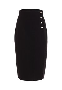 Czarna ołówkowa spódnica wykonana z gładkiej tkaniny, z wysokim stanem, dopasowanym krojem i czterema ozdobnymi srebrnymi guzikami po lewej stronie.