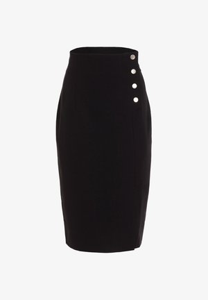 Czarna ołówkowa spódnica wykonana z gładkiej tkaniny, z wysokim stanem, dopasowanym krojem i czterema ozdobnymi srebrnymi guzikami po lewej stronie.