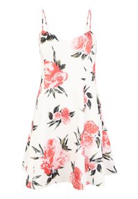 Blommig klänning med justerbara spaghettiband, vit bakgrund, stora rosa rosor och gröna blad, A-linjeformad silhuett, lättviktsmaterial.