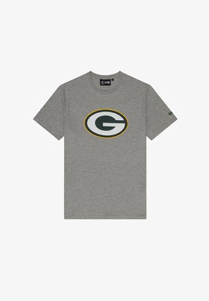 Grau Baumwoll-T-Shirt mit einem großen, stilisierten grünen und weißen Logo in einem Oval mit einem gelben Rand, kurzen Ärmeln und einem runden Halsausschnitt.