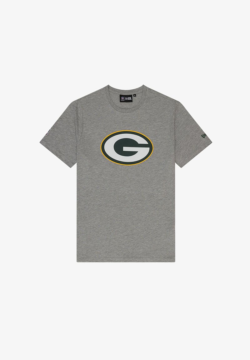 Grau Baumwoll-T-Shirt mit einem großen, stilisierten grünen und weißen Logo in einem Oval mit einem gelben Rand, kurzen Ärmeln und einem runden Halsausschnitt.