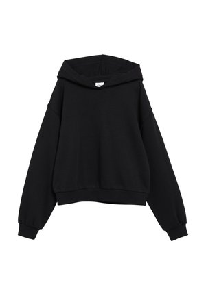 Sudadera con capucha negra de manga larga, con bolsillo frontal tipo canguro y puños y dobladillo acanalados, mostrada sobre fondo blanco.