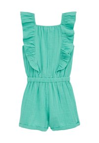 Tyrkysový overal s volánovými ramínky, elastickým pasem a skládáním. Má volný střih a zakončené šortky.