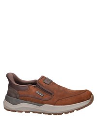 Braune Leder-Slipper mit strukturierten Akzenten, elastischen Seiteneinsätzen und einer gepolsterten Sohle. Verfügt über eine Markenkennzeichnung an der Seite und kontrastierende Materialien.