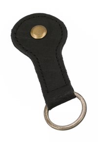 Zwarte leren sleutelhanger met messing drukknop en metalen sleutelhanger onderaan bevestigd.