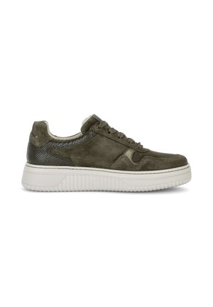 Low-top sneaker with dark green suede and textured panels, white thick sole, lace-up closure, side view on white background.