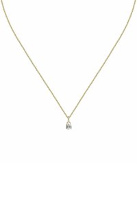 Sublim guld kædetræk med en enkelt dråbeformet klar ædelsten vedhæng på en hvid baggrund.