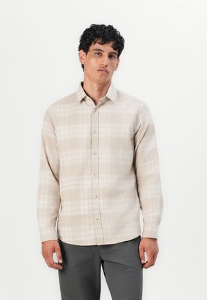 Lichtbeige geruite button-up shirt met een kraag, lange mouwen en een zachte textuur, gecombineerd met donkergrijze broek.