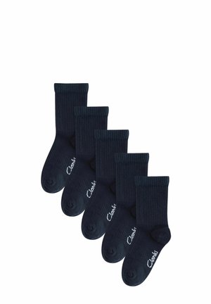 Calzini a coste blu navy in confezione da cinque. Presentano un bordo aderente, punta rinforzata e un logo bianco discreto sul lato.