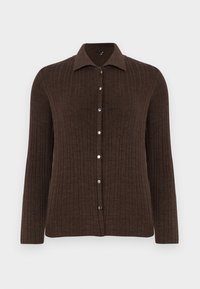 Brun ribbad kavaj med krage, knäppning fram och långa ärmar. Texturerat tyg med silverfärgade knappar.