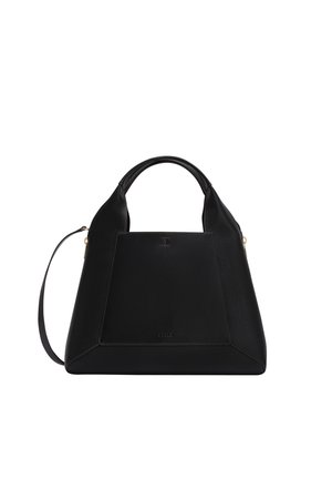 Black leather handbag with textured finish, structured triangular shape, dual handles, and an adjustable strap. Features a smooth front panel.