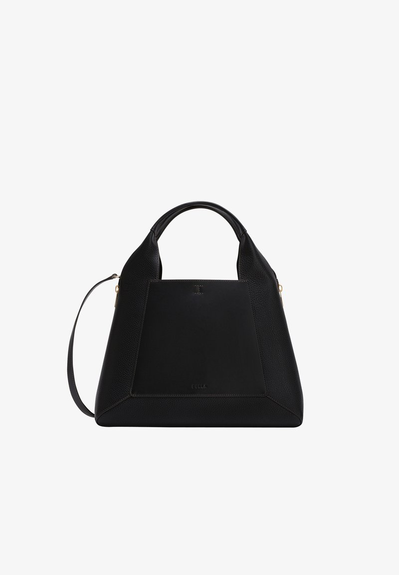Black leather handbag with textured finish, structured triangular shape, dual handles, and an adjustable strap. Features a smooth front panel.