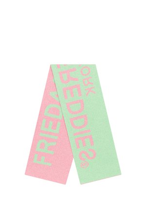 Two overlapping rectangular cardboard tags, one pink with green text reading "FRIEDA," one green with pink text reading "FREDDIES."