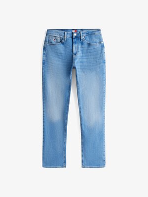 Kitsas sinine teksapüksid viie tasku ja nööbiga kinnitusega.