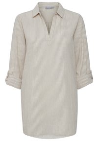 Beżowa koszula z długim rękawem w paski, z kołnierzykiem, podwijanymi rękawami, częściowym zapięciem na guziki i zaokrąglonym dołem. Wykonana z lekkiego materiału.