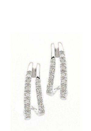 Orecchini a cerchio color argento con due file parallele di piccoli cristalli trasparenti su ogni orecchino, finitura lucida, progettati per orecchie trafitte.