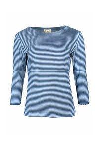 Blau-weißer gestreifter Langarmshirt mit Rundhalsausschnitt und gewellten Bündchen, aus weichem Stoff mit glatter Textur gefertigt.