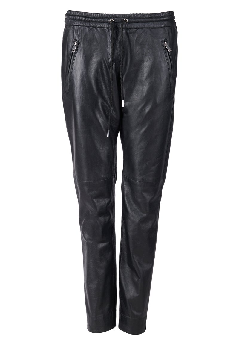Schwarze Leder-Jogginghosen mit einem Kordelzugbund, zwei Reißverschlusstaschen auf der Vorderseite und tapered Bein-Design. Glatte Textur und figurbetonter Schnitt.