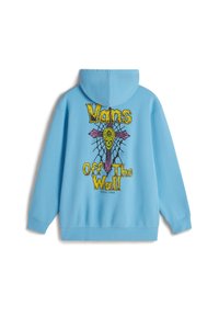Haut à capuche bleu clair avec un grand design graphique au dos. Comprend un crâne, une toile d'araignée et le texte "Vans Off The Wall" dans des couleurs vives.